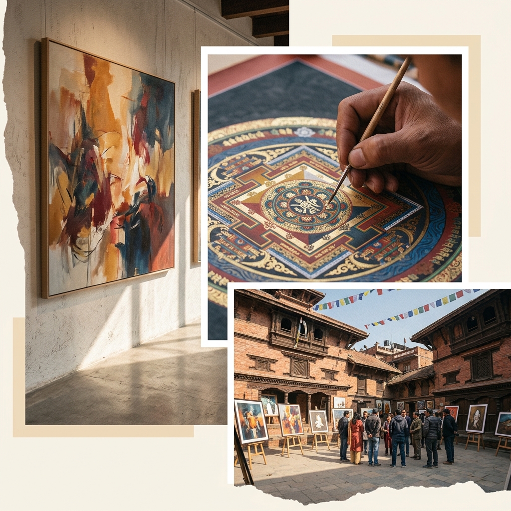 A collage of Nepali contemporary art: an abstract painting in a gallery, a hand painting a traditional Thangka mandala, and an open-air art exhibition in a Kathmandu courtyard